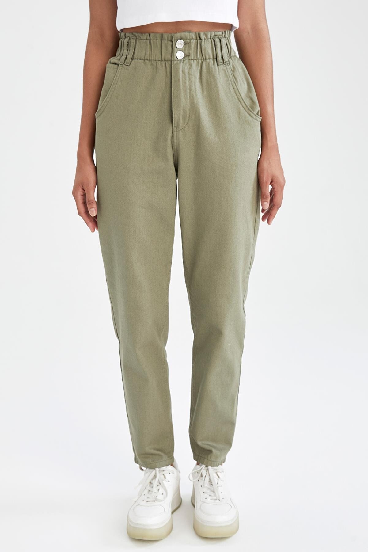 Kadın Haki Paper Bag Yüksek Bel Pantolon