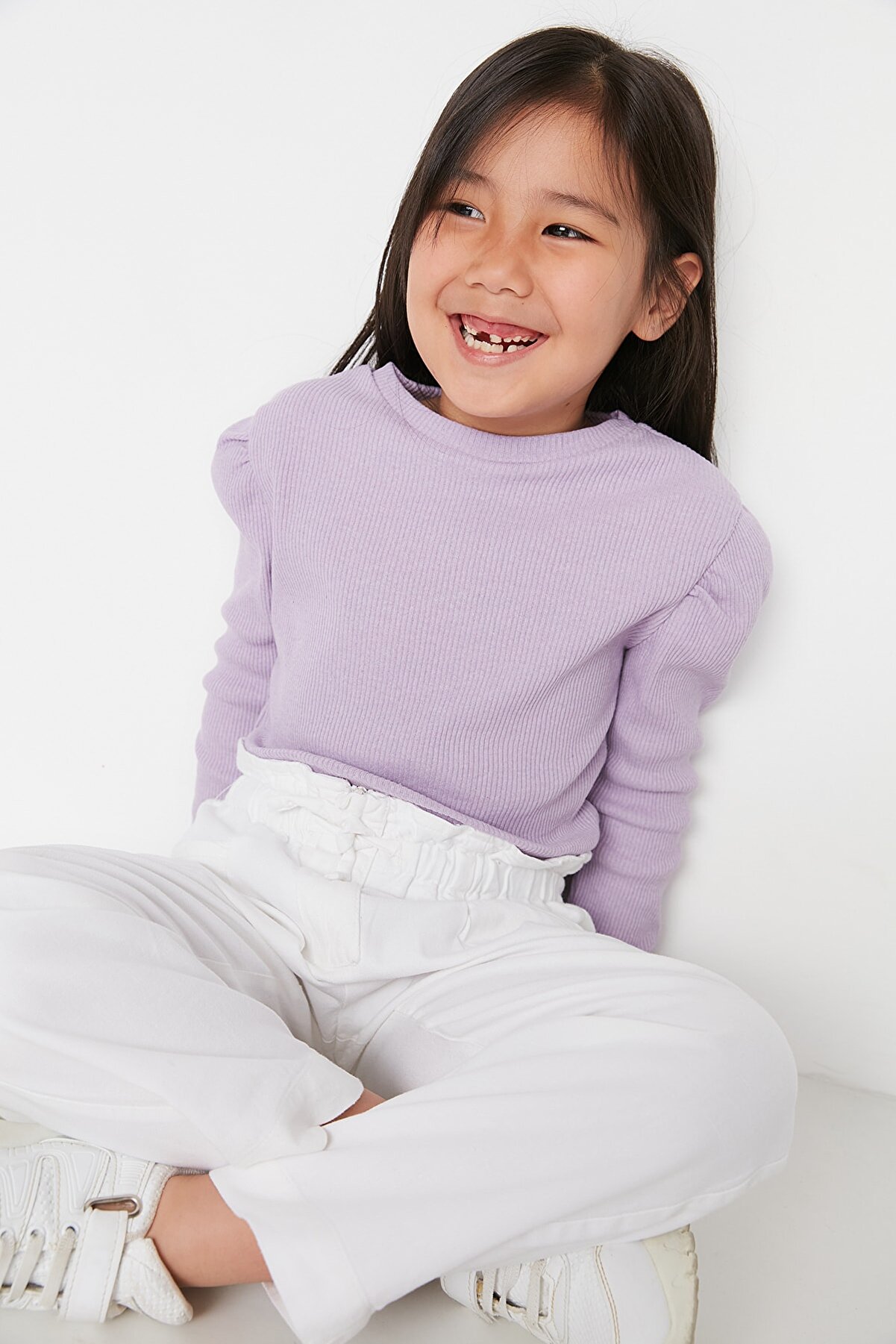 Lila Balon Kol Kız Çocuk Örme Bluz
