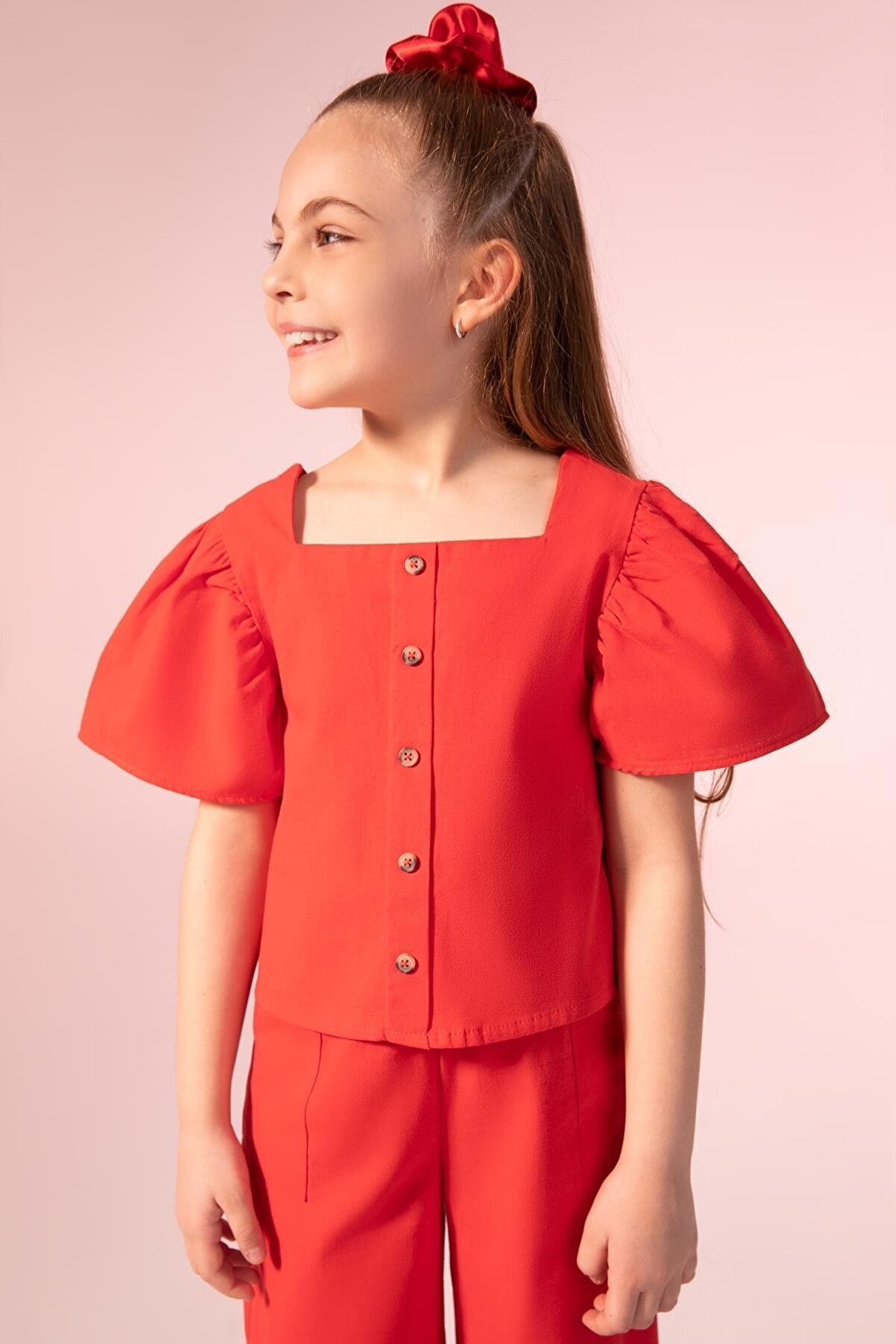 Kız Çocuk Kırmızı Fit Kısa Kollu Keten Görünümlü Kısa Kollu Bluz
